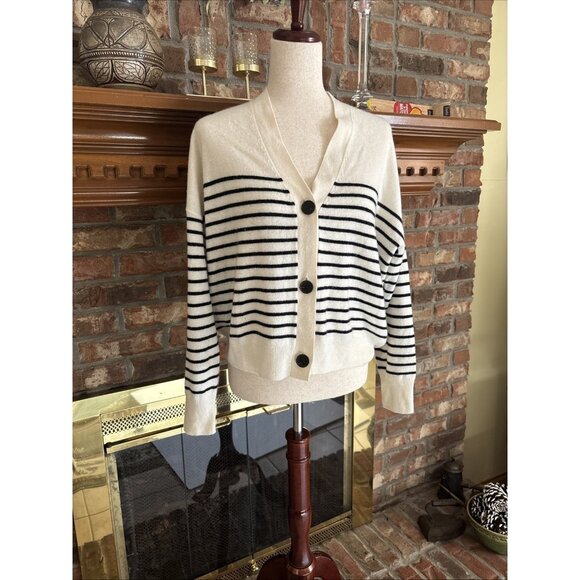 Galleries Lafayette Sweaters - Galleries Lafayette Cashmere Blend Cardigan Off white With Black Stripes